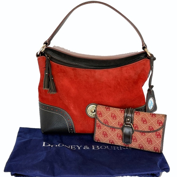 Dooney & Bourke Red Suede & Brown Pebbled Leather Bag with Wallet & Dust Bag - Picture 1 of 16